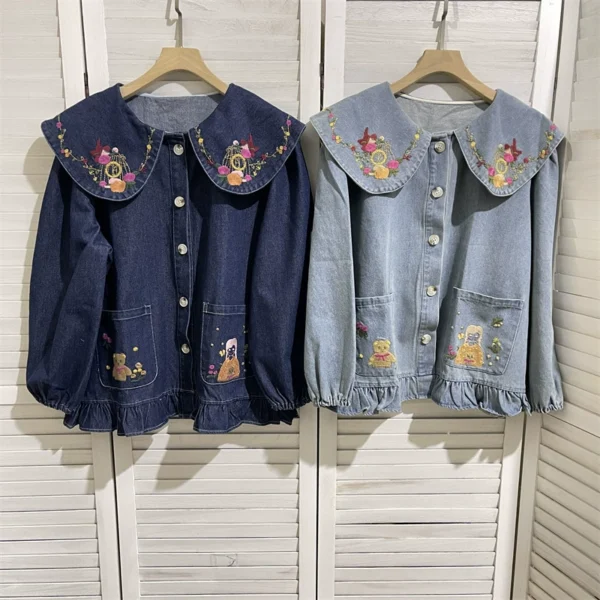 日系森系刺繡娃娃領牛仔外套女春季新款寬松百搭減齡拼木耳邊上衣