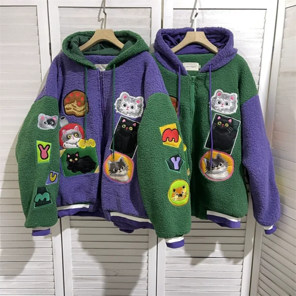 日系古著感重工刺繡連帽夾棉撞色棒球服加厚毛毛上衣大衣情侶款